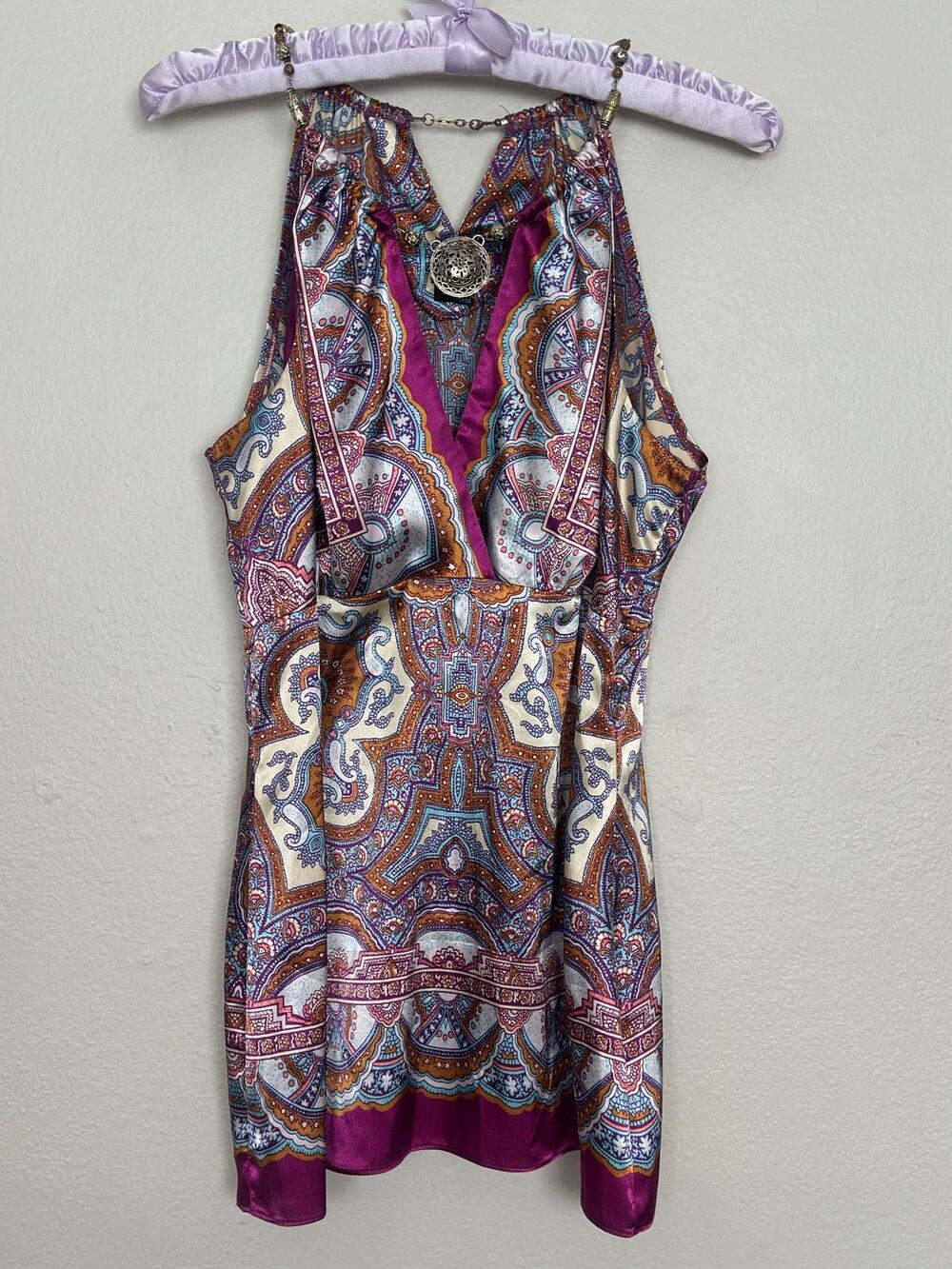 Nicole Miller Sz 10 Purple Paisley Boho Chic Whimsigoth Satin Tank Top Beaded